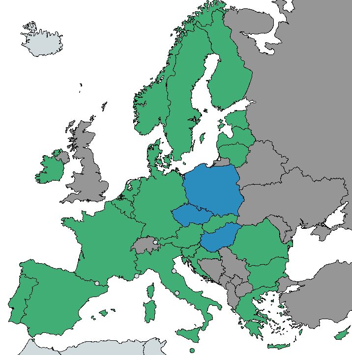 Mapa Európy – zelená = Shopify, modrá = starý systém